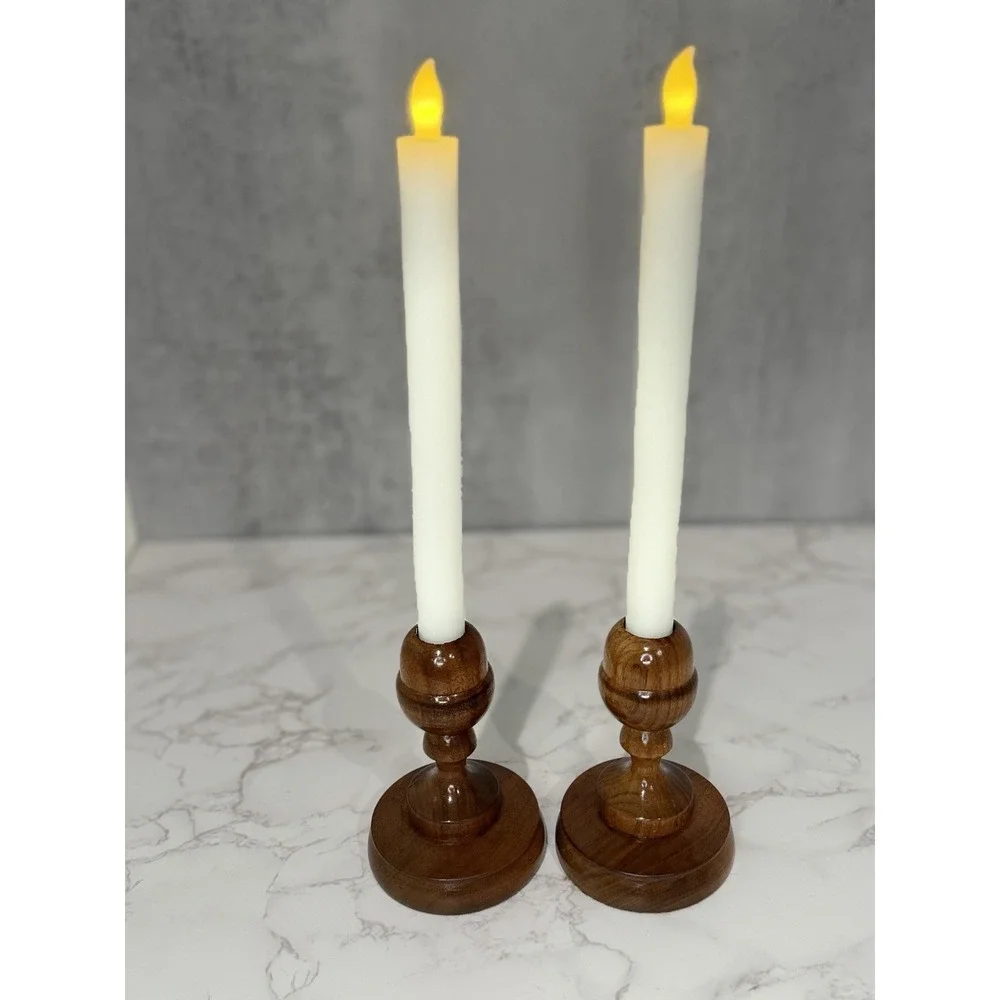 Vintage Pair Hand Turned Solid Wood Taper Candle Holders Rustic Farmhouse 4.5